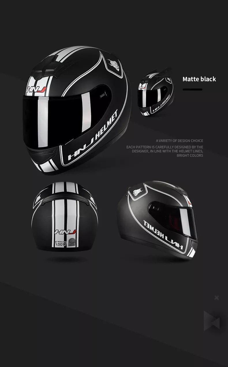 The Matte Black and White Stripe HNJ Full-Face Motorcycle Helmet is brought to you by Kings Motorcycle Fairings