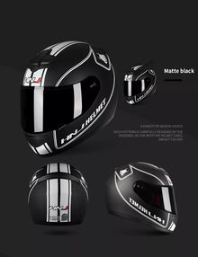 The Matte Black and White Stripe HNJ Full-Face Motorcycle Helmet with Horns is brought to you by Kings Motorcycle Fairings