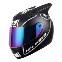 The Matte Black and White Stripe HNJ Full-Face Motorcycle Helmet with Horns is brought to you by Kings Motorcycle Fairings