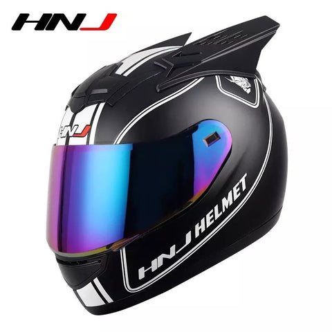 The Matte Black and White Stripe HNJ Full-Face Motorcycle Helmet with Horns is brought to you by Kings Motorcycle Fairings