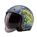 Matte Black, Yellow, Green and Blue Boom Retro Motorcycle Helmet is brought to you by KingsMotorcycleFairings.com