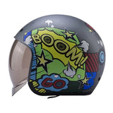 Matte Black, Yellow, Green and Blue Boom Retro Motorcycle Helmet is brought to you by KingsMotorcycleFairings.com