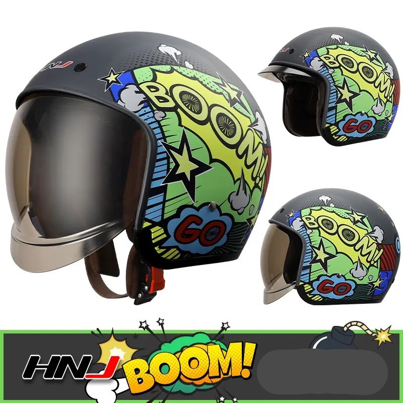 Matte Black, Yellow, Green and Blue Boom Retro Motorcycle Helmet is brought to you by KingsMotorcycleFairings.com
