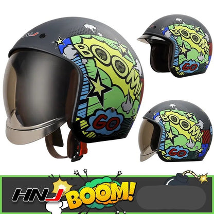 Matte Black, Yellow, Green and Blue Boom Retro Motorcycle Helmet is brought to you by KingsMotorcycleFairings.com