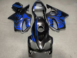 Matte Black and Blue Skull Fairing Kit for a 2001, 2002, 2003 Honda CBR600F4i motorcycle
