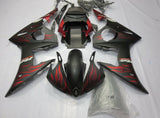 Matte Black and Matte Red Flames Fairing Kit for a 2005 Yamaha YZF-R6 motorcycle