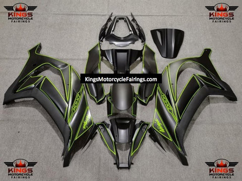 Matte Black and Neon Green Fairing Kit for a 2011, 2012, 2013, 2014 & 2015 Kawasaki Ninja ZX-10R motorcycle.