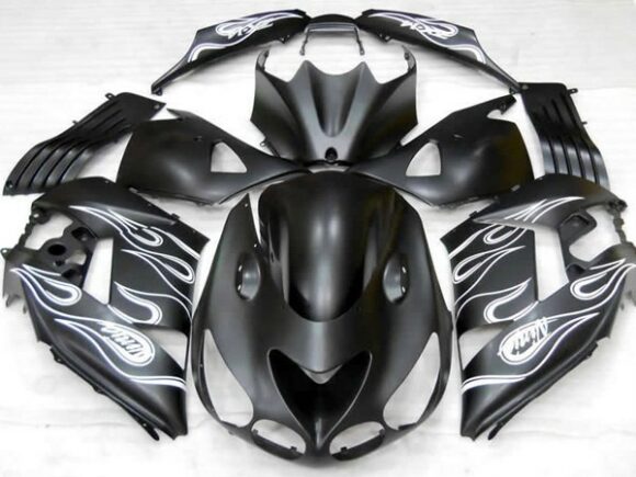 Matte Black and Matte White Flame Fairing Kit for a 2006, 2007, 2008, 2009, 2010 & 2011 Kawasaki Ninja ZX-14R motorcycle