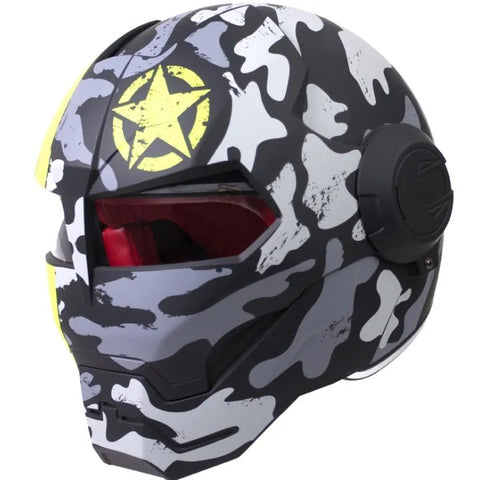 Matte Gray, Black and Yellow Star Camouflage Iron Man Full Face Modular Motorcycle Helmet is brought to you by KingsMotorcycleFairings.com