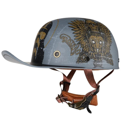 Matte Gray & Gold Owl Retro Baseball Cap Motorcycle Helmet is brought to you by KingsMotorcycleFairings.com