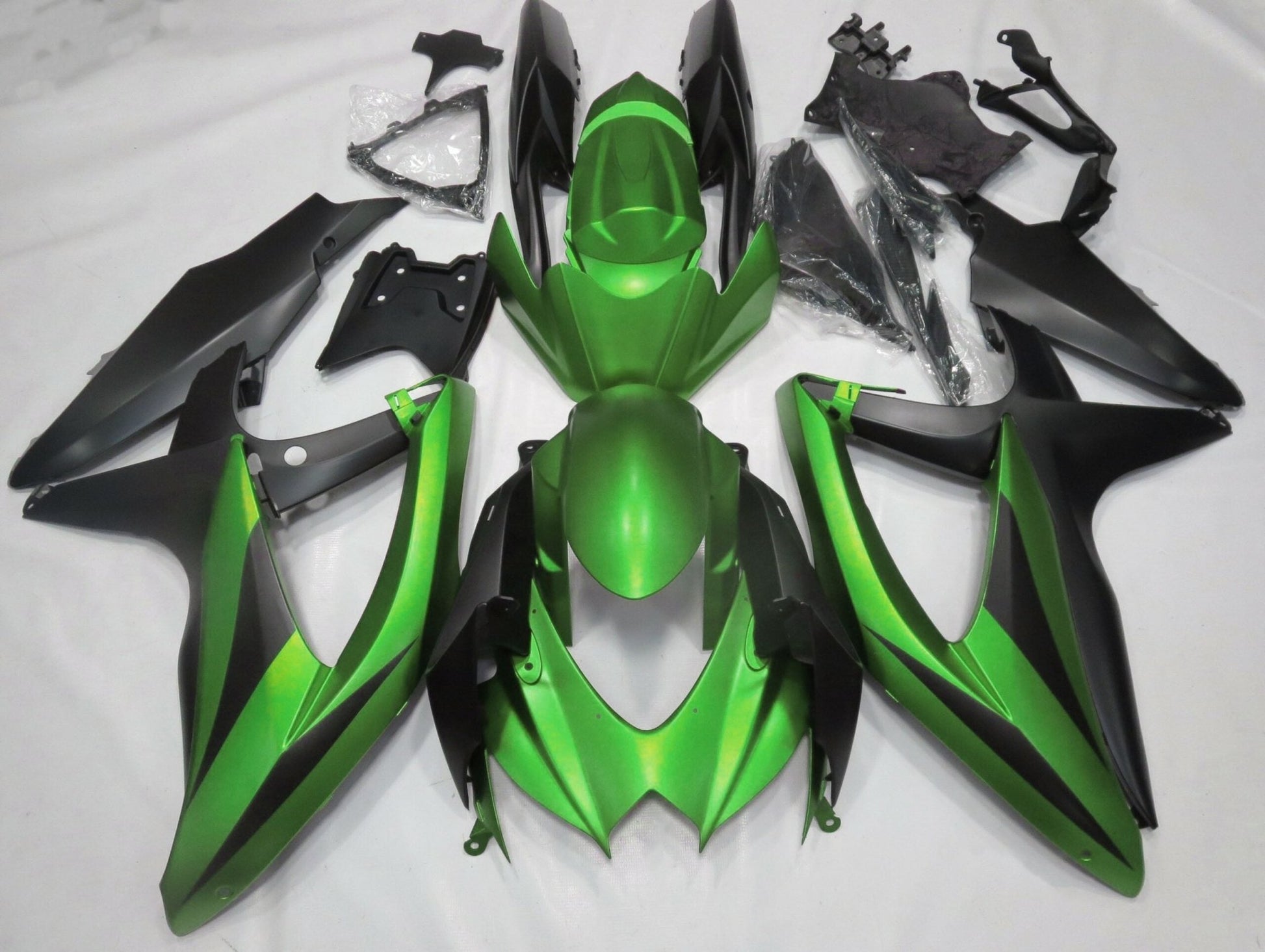Matte Green and Matte Black Fairing Kit for a 2008, 2009, & 2010 Suzuki GSX-R600 motorcycle