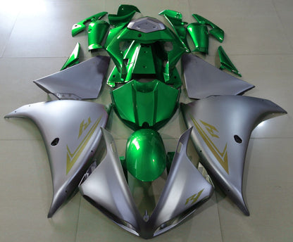 Matte Silver, Gold and Green Fairing Kit for a 2009, 2010 & 2011 Yamaha YZF-R1 motorcycle