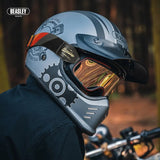 Matte Silver and Black Skull & Gear Beasley Open-Face Motorcycle Helmet is brought to you by KingsMotorcycleFairings.com