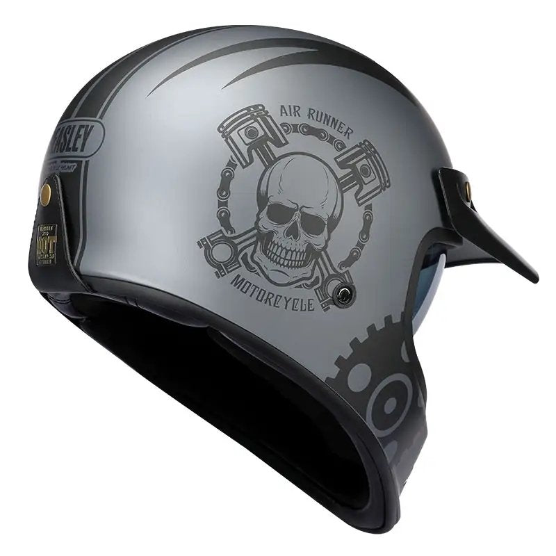 Matte Silver and Black Skull & Gear Beasley Open-Face Motorcycle Helmet is brought to you by KingsMotorcycleFairings.com