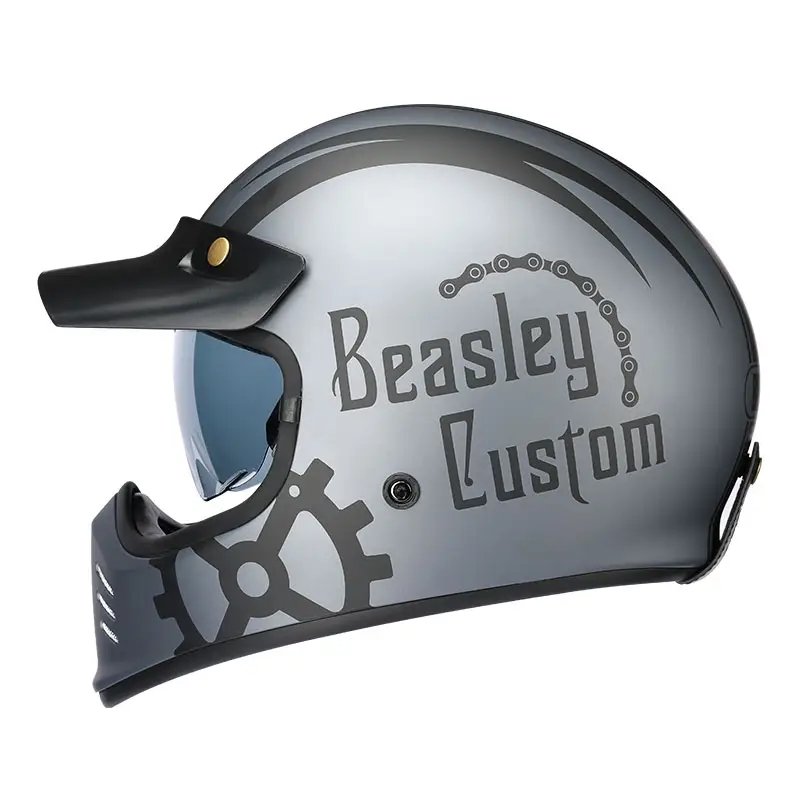 Matte Silver and Black Skull & Gear Beasley Open-Face Motorcycle Helmet is brought to you by KingsMotorcycleFairings.com