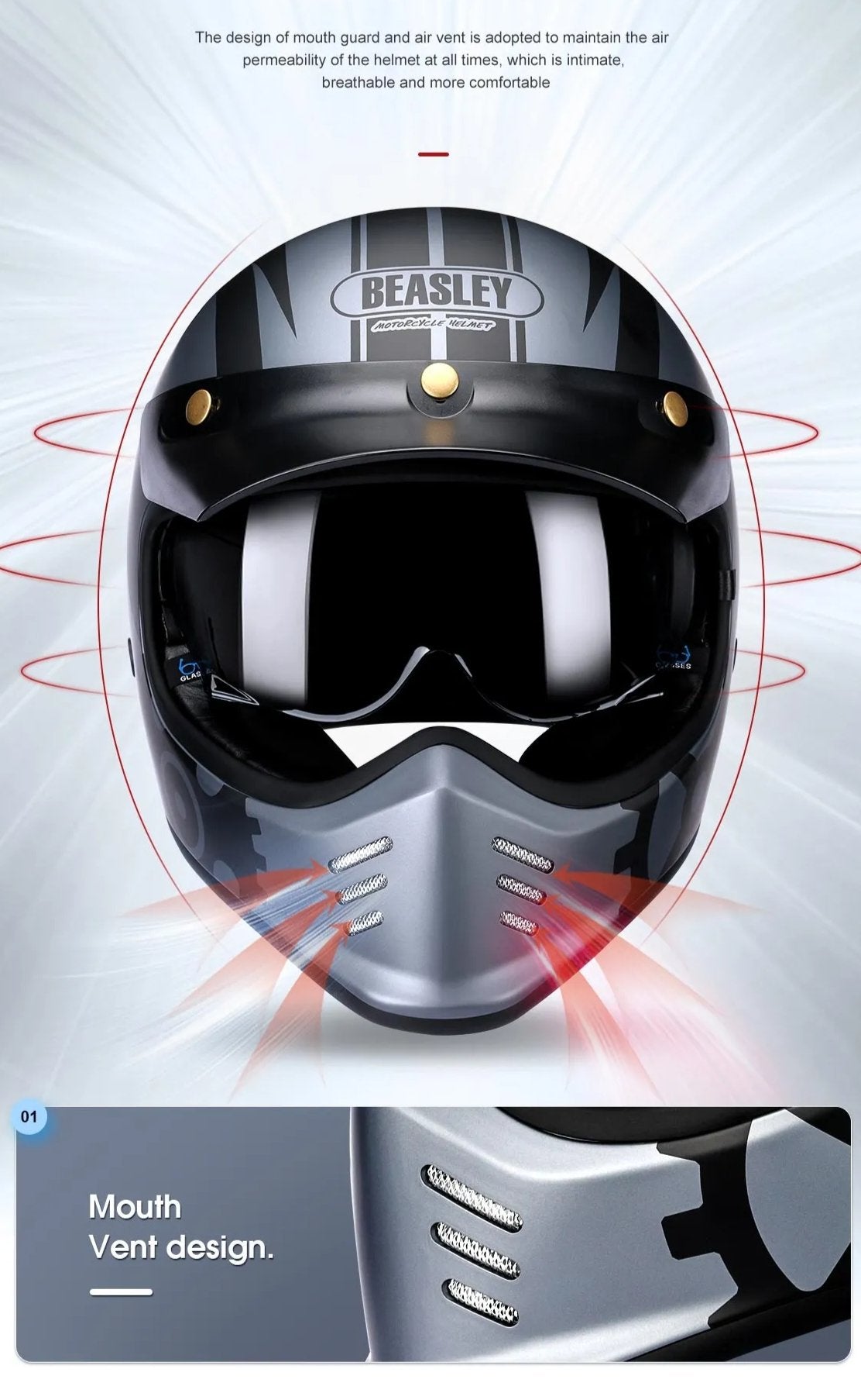 Matte Silver and Black Skull & Gear Beasley Open-Face Motorcycle Helmet is brought to you by KingsMotorcycleFairings.com