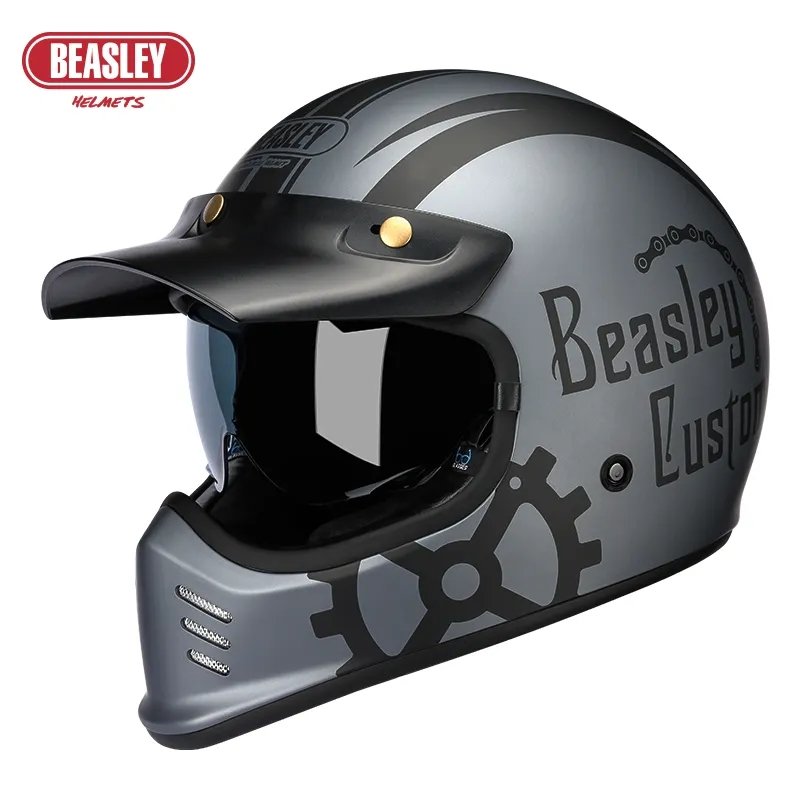 Matte Silver and Black Skull & Gear Beasley Open-Face Motorcycle Helmet is brought to you by KingsMotorcycleFairings.com
