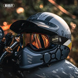 Matte Silver and Black Skull & Gear Beasley Open-Face Motorcycle Helmet is brought to you by KingsMotorcycleFairings.com