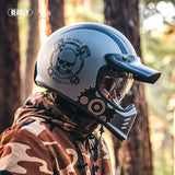 Matte Silver and Black Skull & Gear Beasley Open-Face Motorcycle Helmet is brought to you by KingsMotorcycleFairings.com
