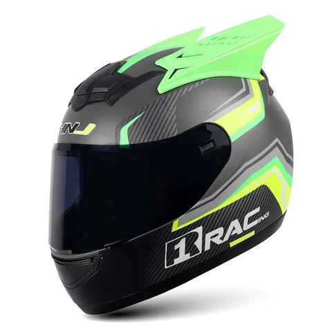 Matte Silver, Green & Yellow HNJ Full-Face Motorcycle Helmet with Horns is brought to you by KingsMotorcycleFairings.com