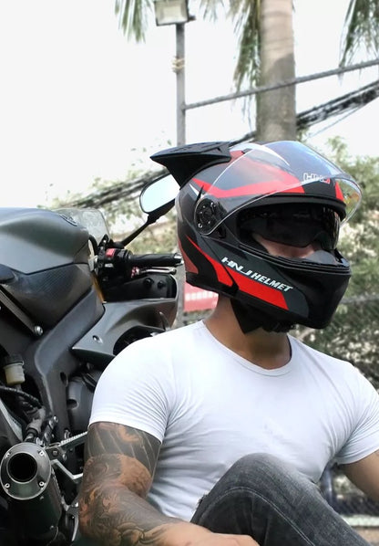 Matte Black, Red and Silver HNJ Modular Full-Face Motorcycle Helmet by KingsMotorcycleFairings.com