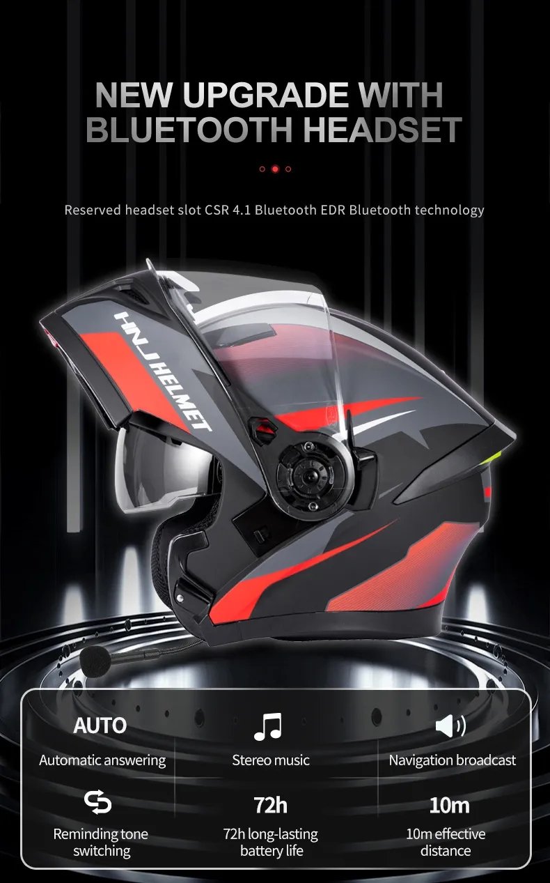 Matte Black, Red & Silver Modular HNJ Motorcycle Helmet with Clear Visor