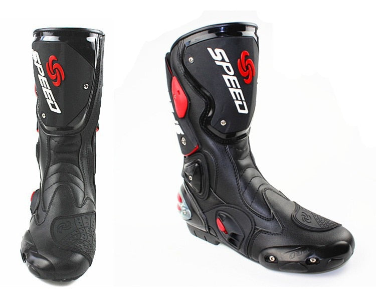 Motorcycle Boots in Black, Red & White Leather at KingsMotorcycleFairings.com