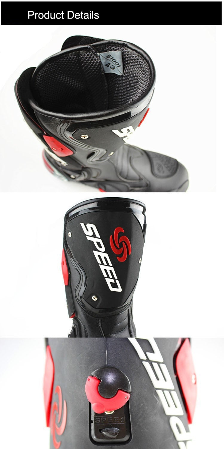 Motorcycle Boots in Black, Red & White Leather at KingsMotorcycleFairings.com