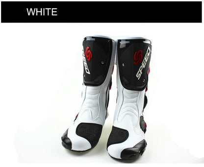 Speed Motorcycle Boots in White, Black & Red Leather at KingsMotorcycleFairings.com