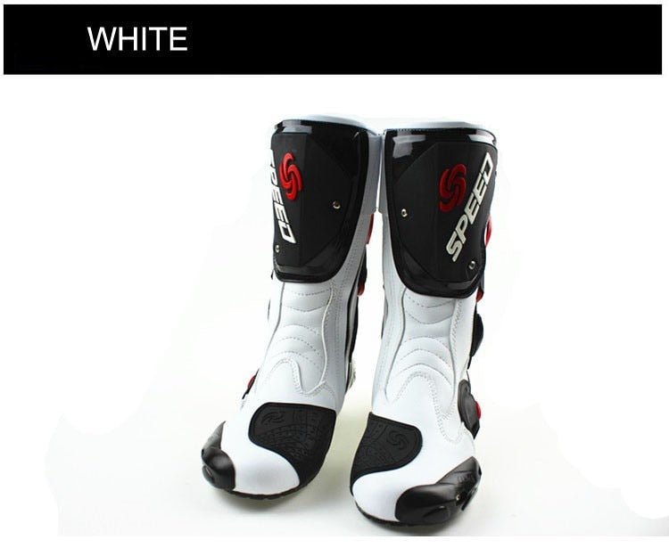 Speed Motorcycle Boots in White, Black & Red Leather at KingsMotorcycleFairings.com