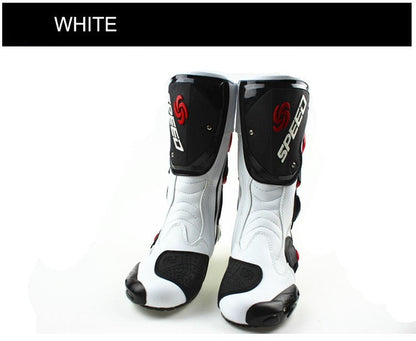 Speed Motorcycle Boots in White, Black & Red Leather at KingsMotorcycleFairings.com