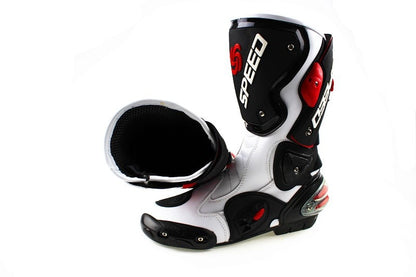 Speed Motorcycle Boots in White, Black & Red Leather at KingsMotorcycleFairings.com
