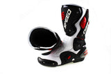 Speed Motorcycle Boots in White, Black & Red Leather at KingsMotorcycleFairings.com
