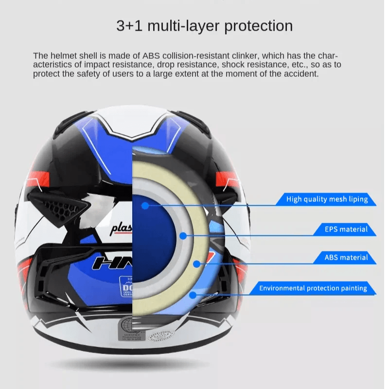 The White, Black, Red & Blue HNJ Full-Face Motorcycle Helmet is brought to you by Kings Motorcycle Fairings