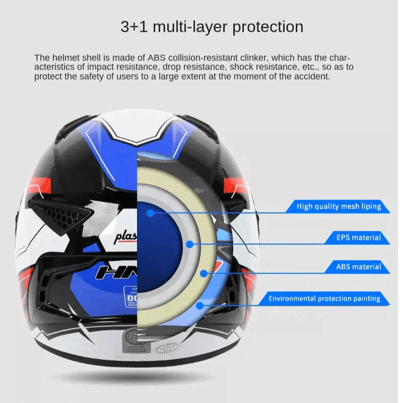 The White, Black, Red & Blue HNJ Full-Face Motorcycle Helmet is brought to you by Kings Motorcycle Fairings