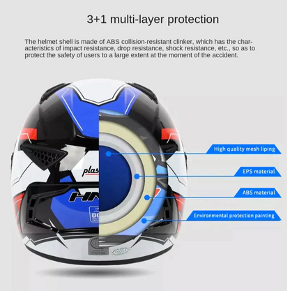 The White, Black, Red & Blue HNJ Full-Face Motorcycle Helmet is brought to you by Kings Motorcycle Fairings