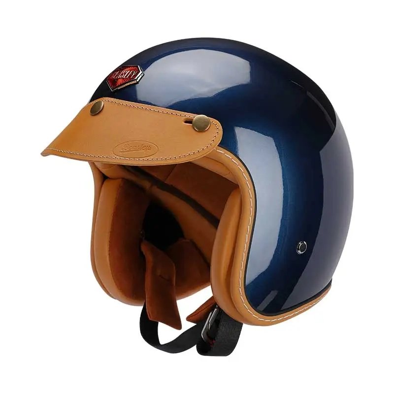 Navy Blue & Leather Open Face 3/4 Beasley Motorcycle Helmet is brought to you by KingsMotorcycleFairings.com
