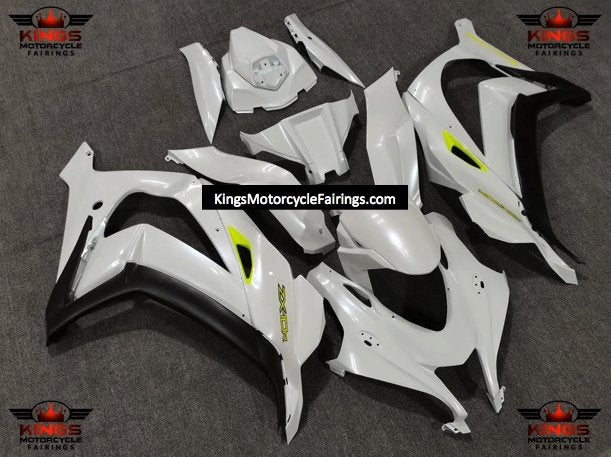 Pearl White, Black and Neon Yellow Fairing Kit for a 2016, 2017, 2018, 2019 & 2020 Kawasaki Ninja ZX-10R motorcycle