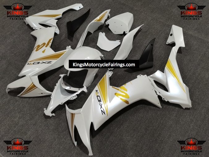 【プリン】 Kawasaki Ninja ZX10R Fairings (2008-2010) Pearl White, Gold