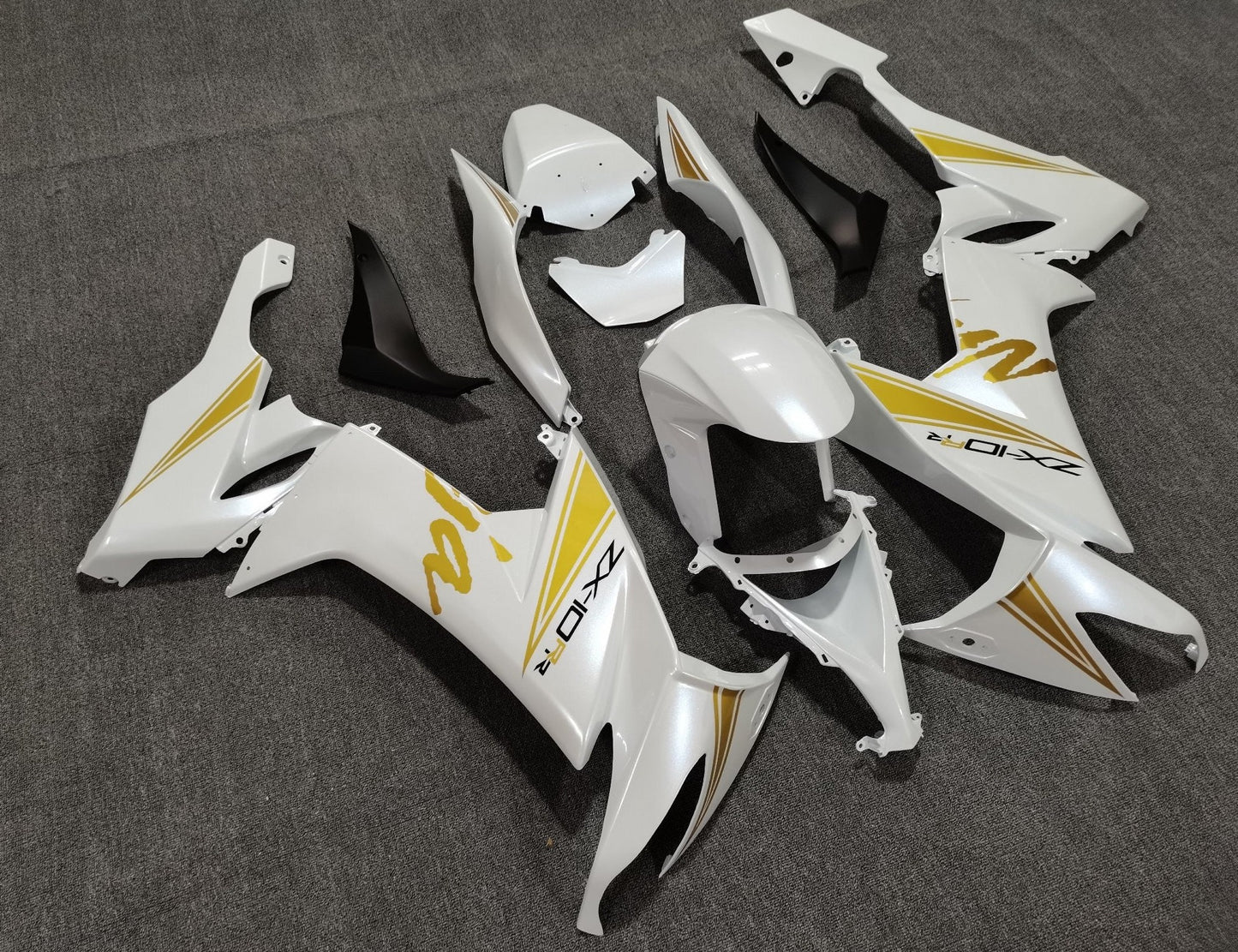 Pearl White and Gold Fairing Kit for a 2008, 2009 & 2010 Kawasaki Ninja ZX-10R motorcycle