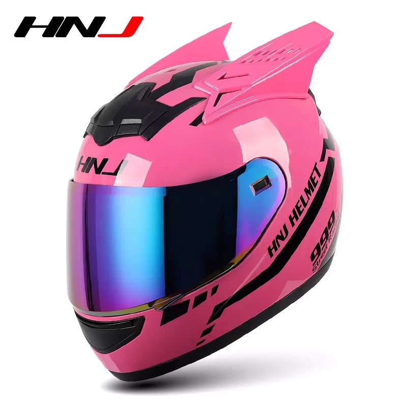 Pink Warrior 999 HNJ Motorcycle Helmet with Horns & Braids