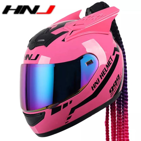 The Pink Warrior 999 HNJ Full-Face Motorcycle Helmet with Horns & Braids is brought to you by Kings Motorcycle Fairings