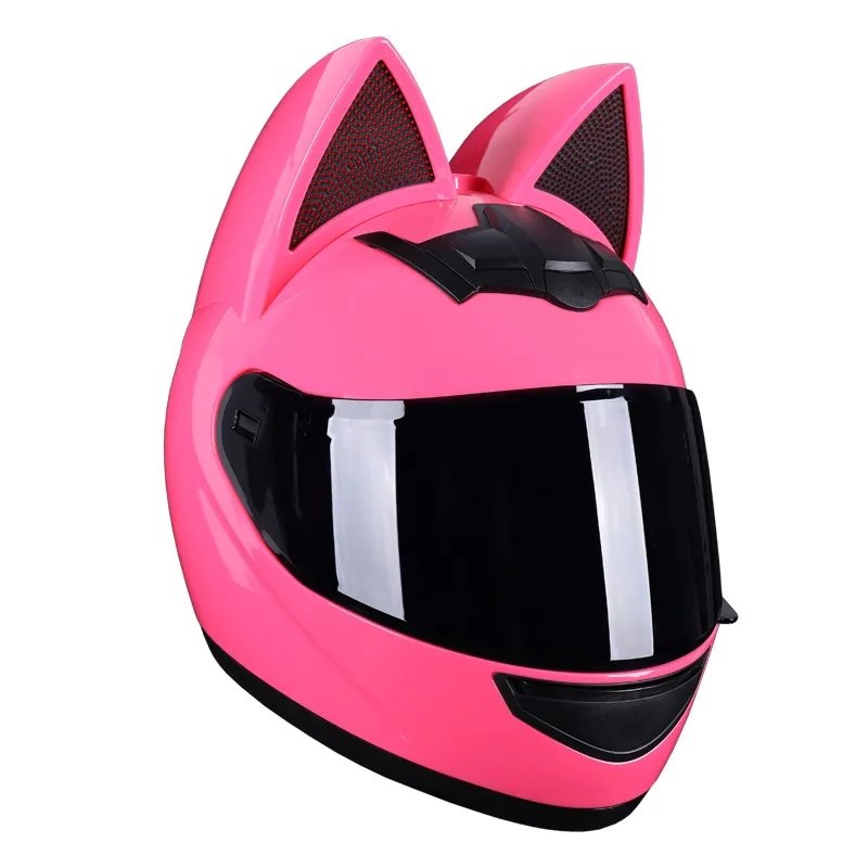Motorcycle Helmet, Pink with Cat Ears Black Visor Kings