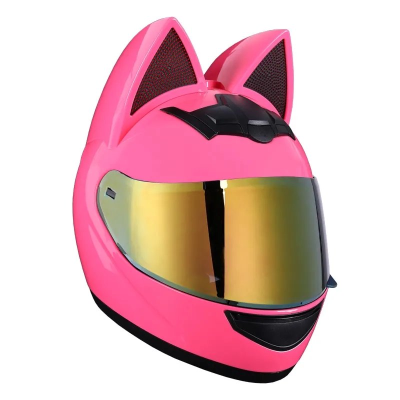 Pink HNJ Motorcycle Helmet with Cat Ears Gold Visor