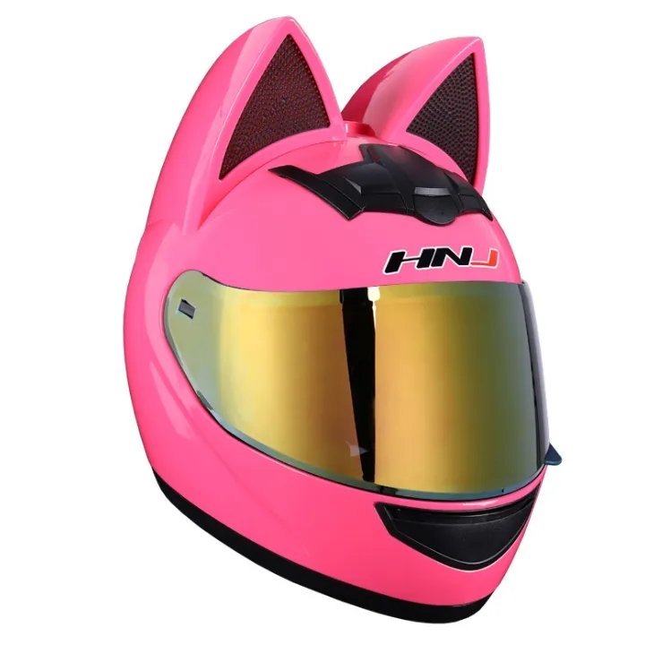 Pink, Black Motorcycle Helmet with Cat Ears Gold Visor