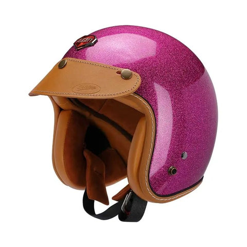 Pink Metallic & Leather Open Face 3/4 Beasley Motorcycle Helmet is brought to you by KingsMotorcycleFairings.com