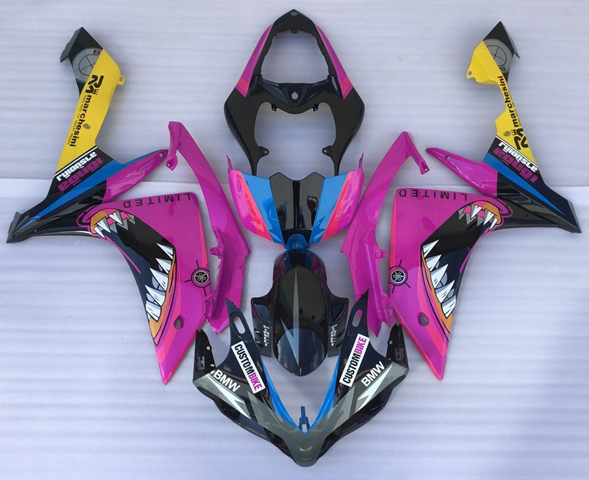 Black and Pink Shark Teeth Fairing Kit for a 2007 & 2008 Yamaha YZF-R1 motorcycle