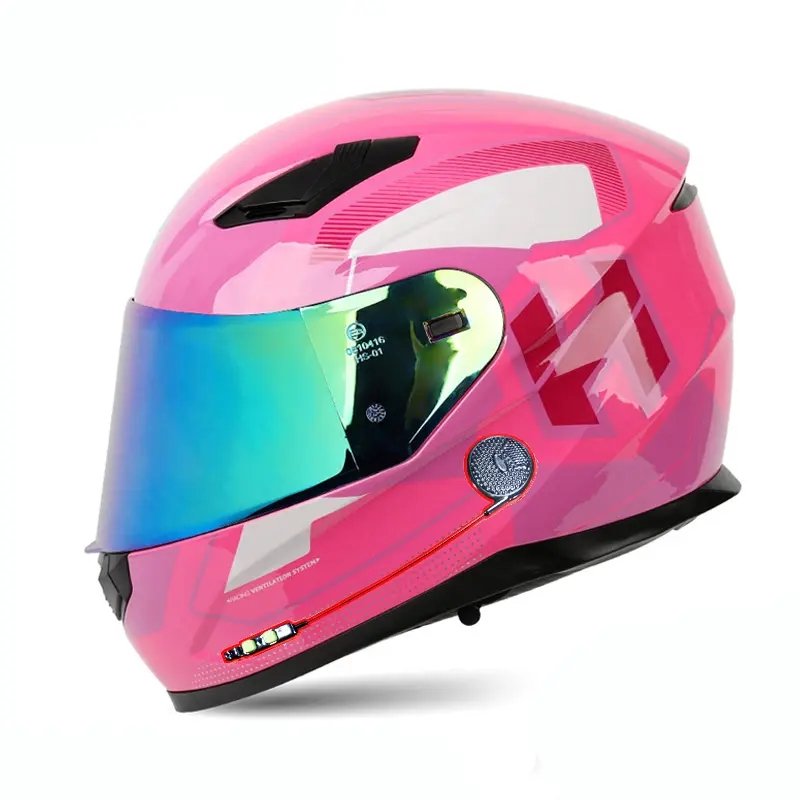 Pink Speed HNJ Motorcycle Helmet with Blue Visor