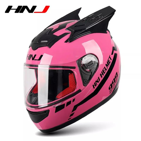 The Pink and Black Warrior 999 HNJ Full-Face Motorcycle Helmet with Horns is brought to you by Kings Motorcycle Fairings