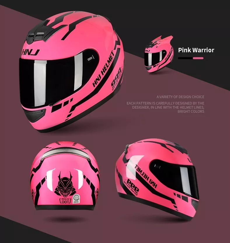 Pink Warrior 999 HNJ Motorcycle Helmet with Horns & Blue Visor